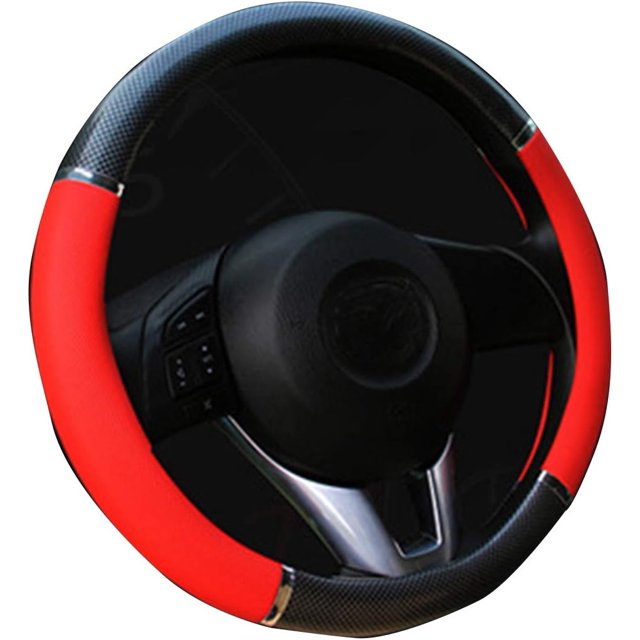 Protector mediano para volante de coche, patrón de media luna de lichi, grano de madera, estilo de coche de 15 pulgadas, color rojo