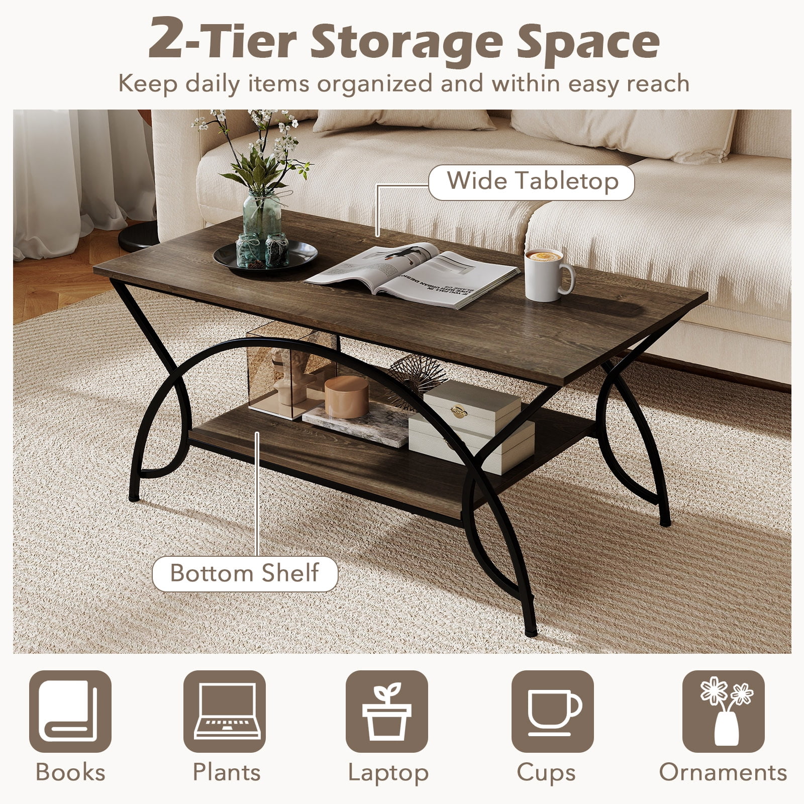 Costway 2-Tier Industrial Coffee Table Rectangular Cocktail Table with Storage Shelf Gray Oak