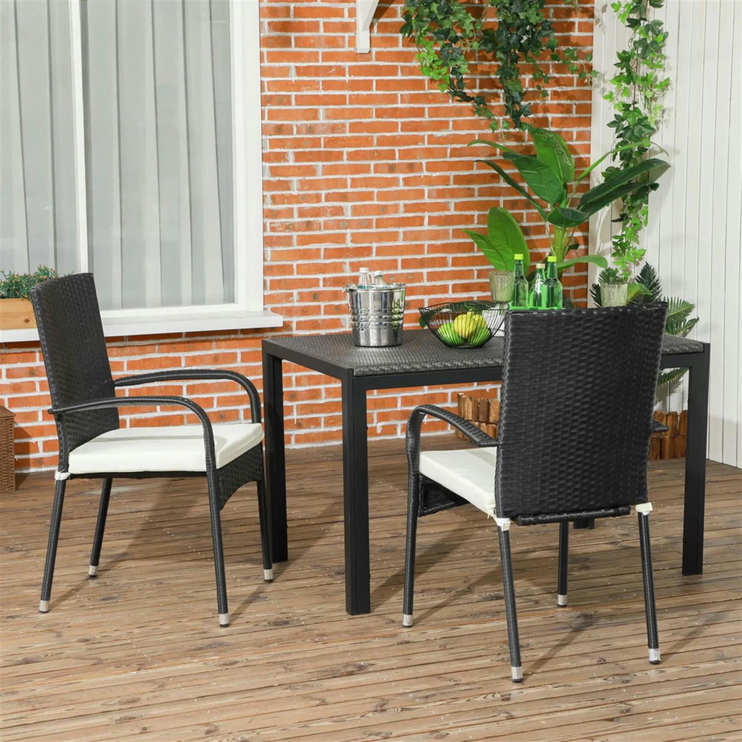 Demi Bonn Outdoor Dining Chairs Set of 2 with Armrests & Backrest, Stackable PE Rattan Patio Dining Room Chairs with Cushion for Garden, Backyard, Lawn, Black
