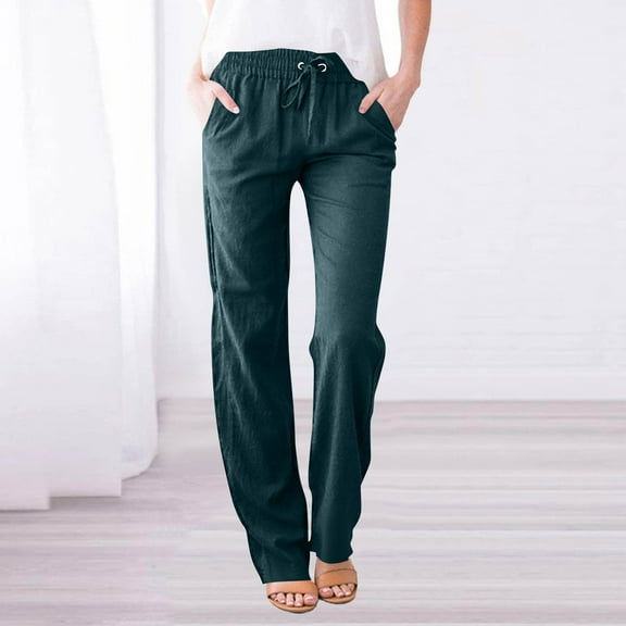 Womens Casual Cotton Linen Pants Drawstring Loose Fit Summer Pants Trousers with Side Pockets Dark Green M