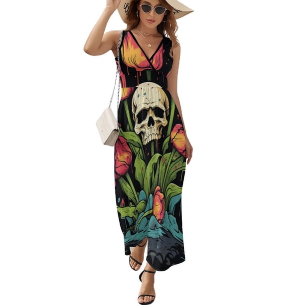 Flower Cluster Skull Vestido Sin Mangas , Vestidos De Lujo Para Ocasiones Oficiales