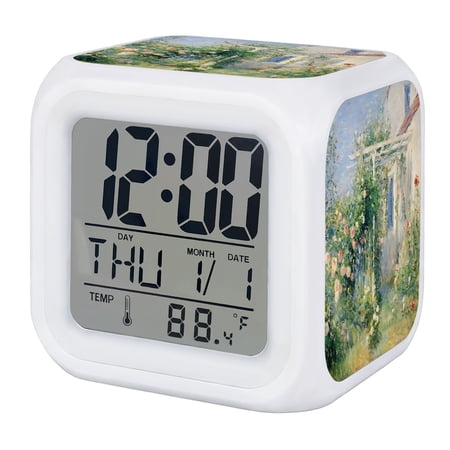 Farmhouse Country Digital Alarm Clock for Bedrooms, Smart LED Alarm Clock with 7 Color Changing Night Light, Rustic Oil Painting Garden Flowers Silent Wake Up Clocks for Sleep Study Cooking 3.2x3.2