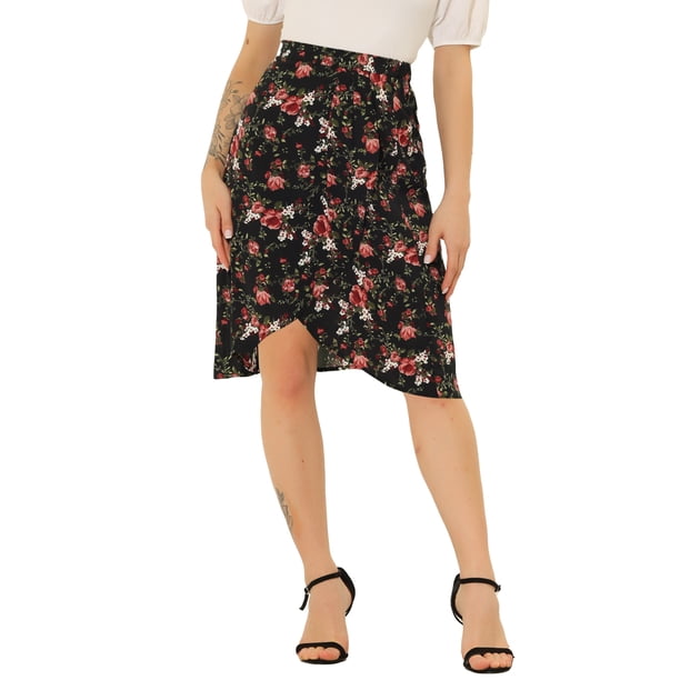 INSPIRE CHIC Falda Midi Acampanada Con Dobladillo Asimétrico De Cintura Alta Con Estampado Floral Para Mujer Negro L