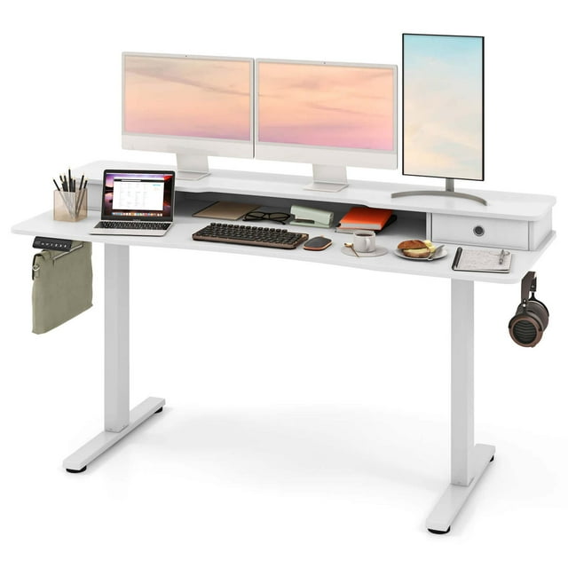 Costway 63" x 24" Electric Standing Desk with 2 Drawers Monitor Stand Storage Shelf White