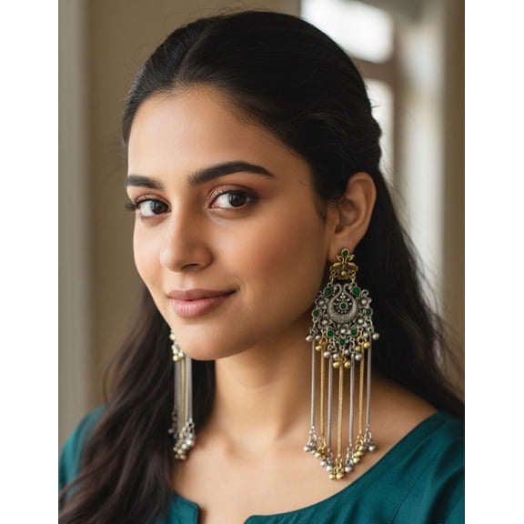 Silver Gold Indian Kashmiri Earrings for Women Trendy Silver Dual Tone Oxidized Long Lighweight Boho Statement Dangle Jhumka Green Earrings Jewelry Valentines Gift