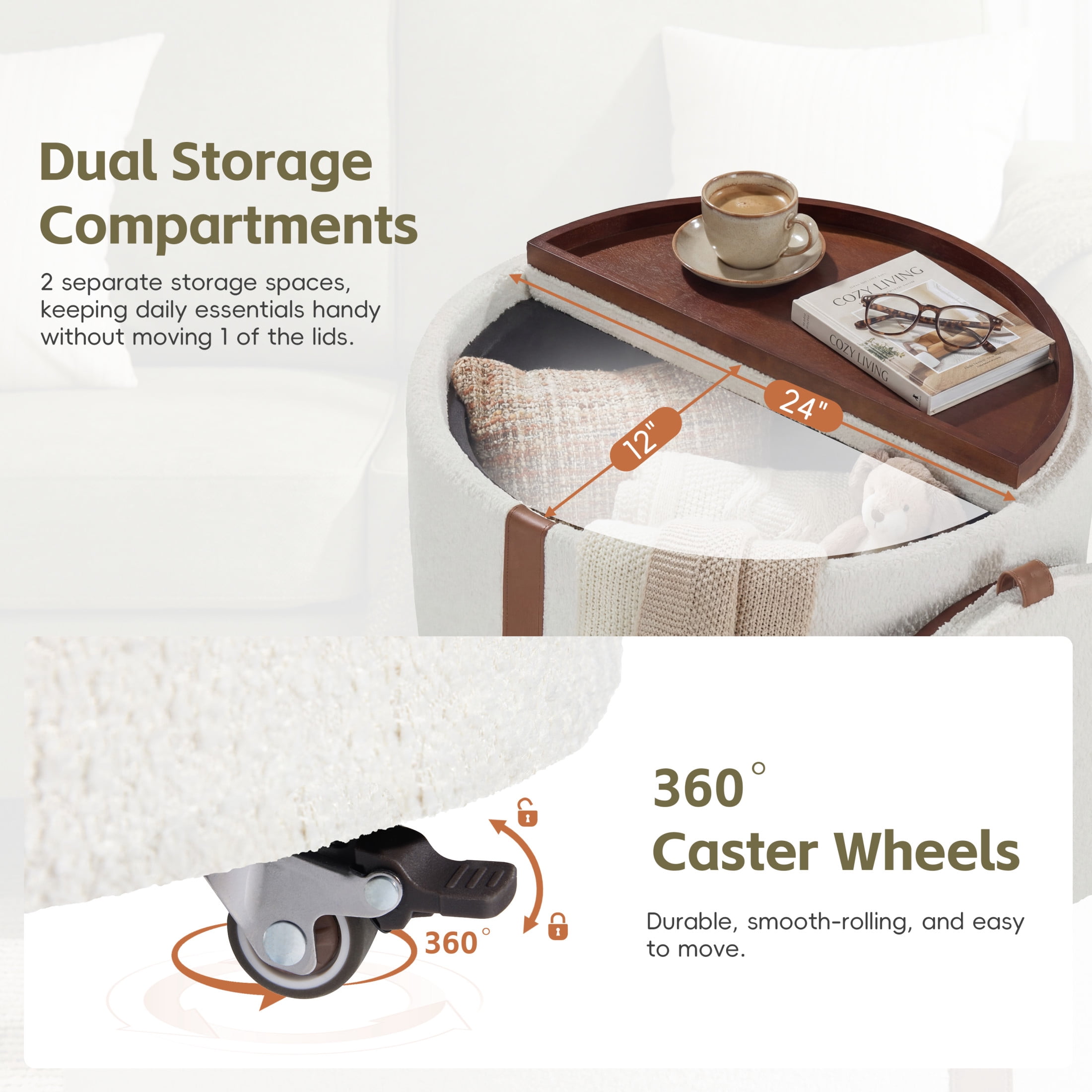 Noble House 29" Round Mobile Storage Ottoman with Dual Reversible Lids and Wheels, Boucle Upholstered Footrest, Beigr