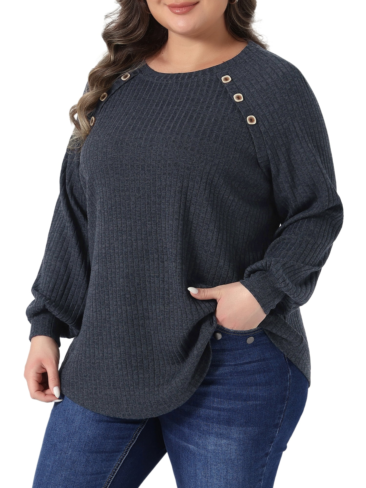 DARING DIVA Women's Plus Tops Crew Neck Button Decor Pullover Blouses 2X Gray Black