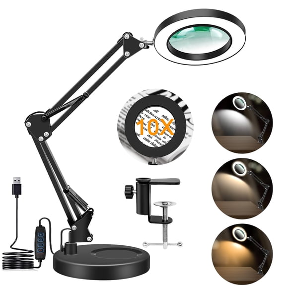 FFORCE 10x Desktop Magnifying Glass Lamp, with USB-Powered 3-Color Dimmable LED Light, 1kg Heavy Base & Aluminum Alloy Clamp, Ideal for Workbenches