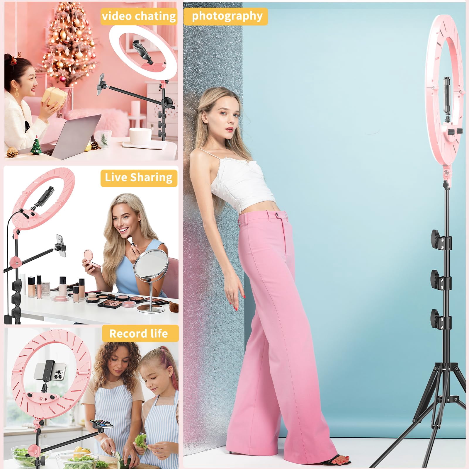 55w18 45cm Ring Light Kit [new Version] 6700k Dimmable Ledringlighttripod Stand Dual Phone Holder For Selfie Makeup Lashtattoo Studio Lighting Painting Photo Video Recording (pink)