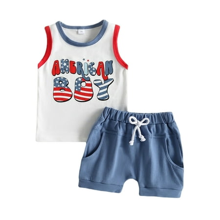 

Top Bottom Set Boy Cotton Independence Day Loose Children Clothes (White 3-6M)