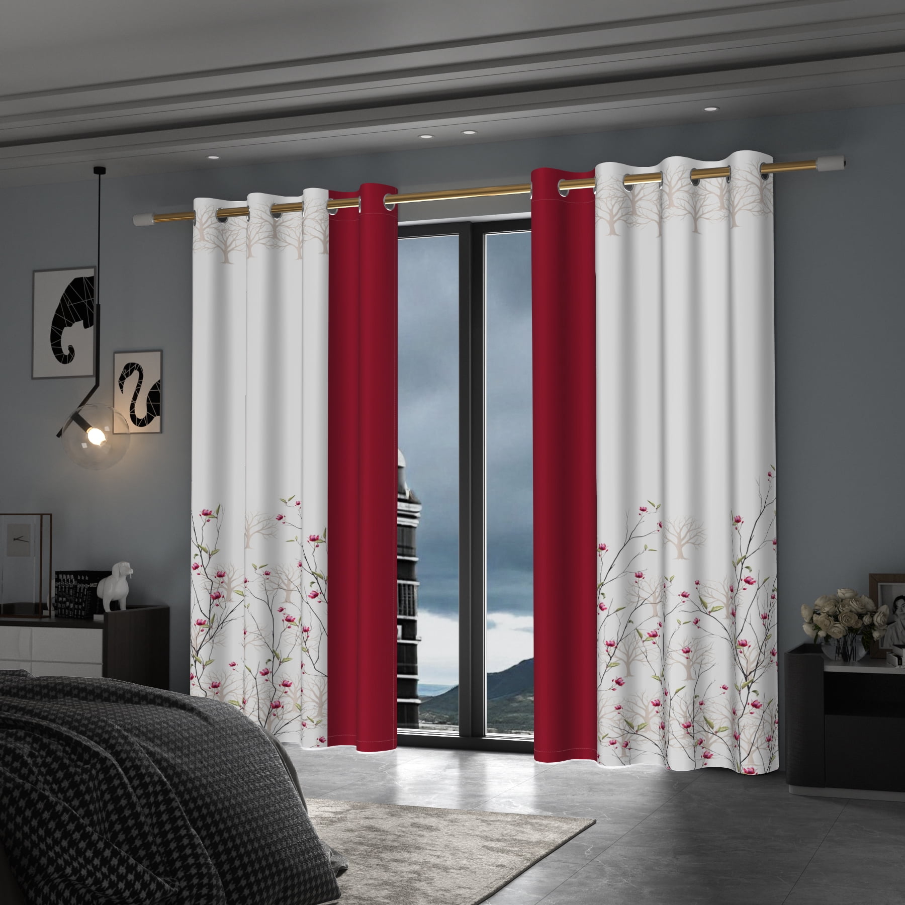 Lfeey Plant Flower Blackout Curtains 63 inches long, Room Grommet Curtains, Blue, 42x63 inch，2 Panels
