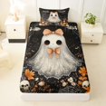 thumbnail image 3 of Manfei Halloween Cute Bow Ghost Twin Sheets 3pcs, Sugar Skull Bat Flower Bedding, Black Orange White,1 Fitted Sheet, 1 Flat Sheet and 1 Pillowcase, 3 of 5
