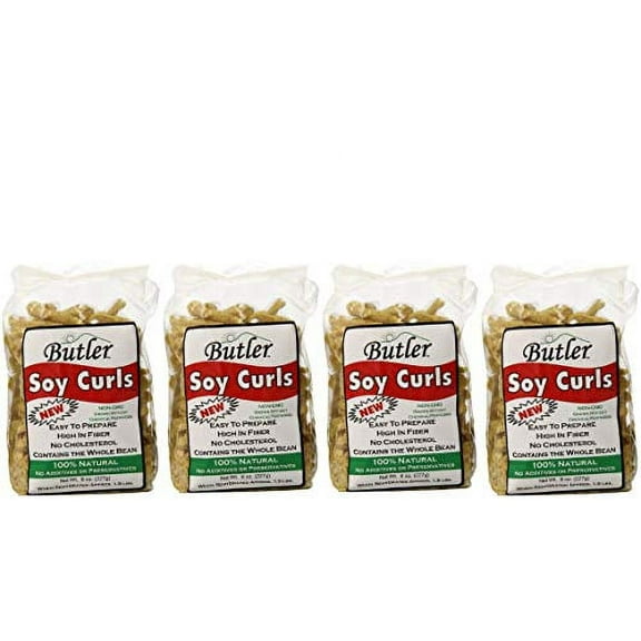Butler Foods Soy Curls, 8 Ounce Bags (Pack of 4) – All-Natural Plant-Based Protein, Vegan Meat Substitute Made from Whole Non-GMO Soybeans – Perfect for Stir-Fries, Soups, Salads