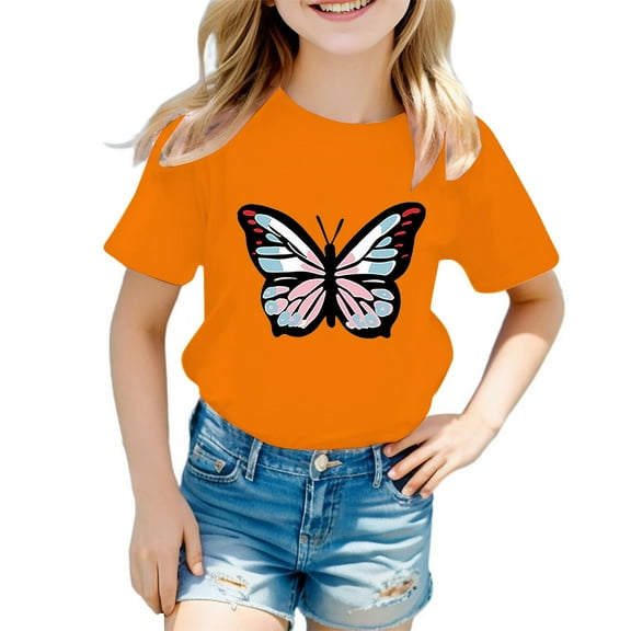 WOYY Toddler Girls Butterfly Print Graphic Tee Short Sleeve Crewneck T-Shirt, Sizes 3-12