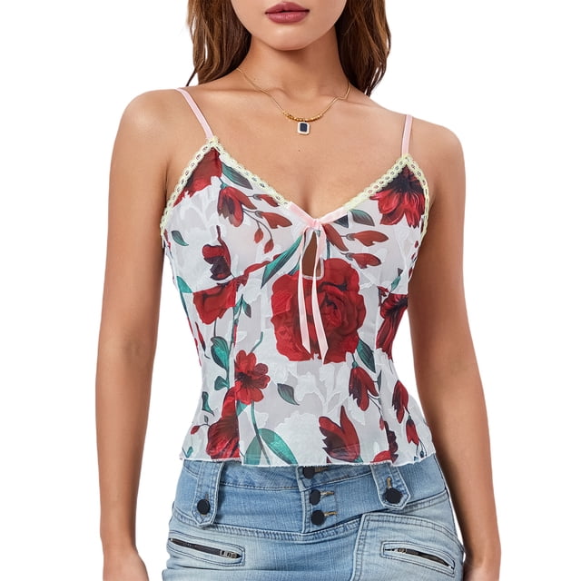 Gupgi Camisoles à Bretelles Spaghetti pour Femmes, Imprimé Floral, Col en V, Noué à l'Avant, Sans Manches, Haut Cami Ajusté, Débardeur
