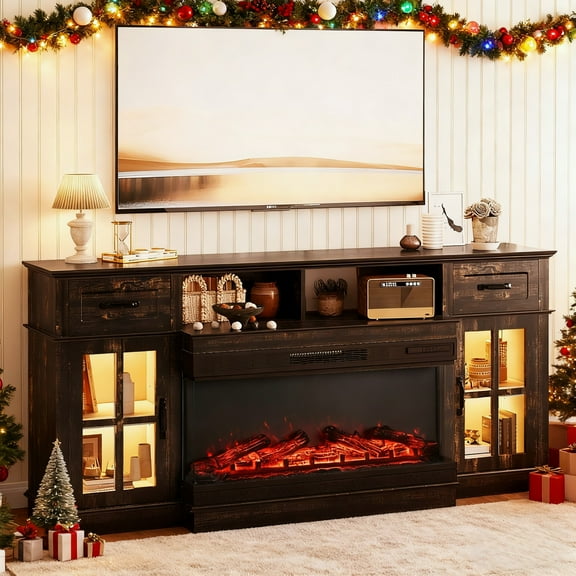 Ktaxon 70-Inches Fireplace TV Stand, Industrial Entertainment Center with 36in Electric Fireplace Heating, 2 Door Storage & Drawers, Black Brown