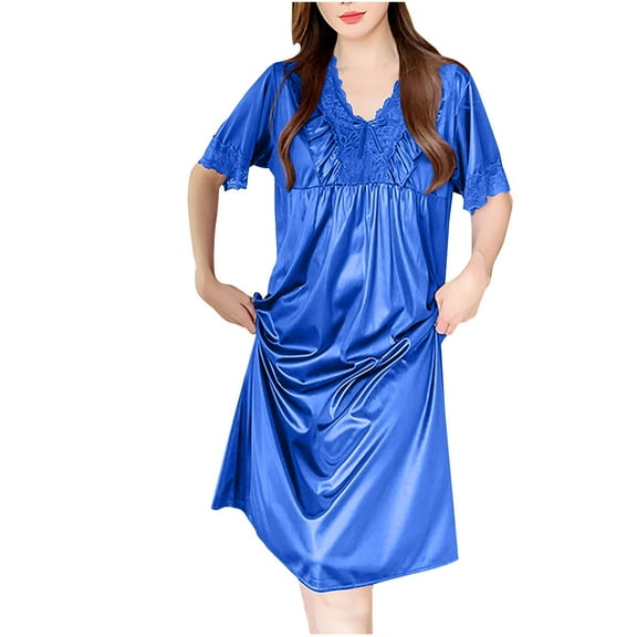 Women's Satin Pajama Dress Silk Lace V Neck Short Sleeve Nightgown Soft Elegant Knee Length Sleep Shirt