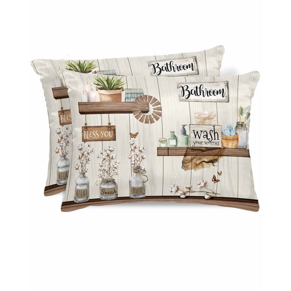 Hokiten Pillow Cases Standard Size Set of 2, Lumbar Pillow Covers, Vintage Cartoon Satin Pillowcases with Zipper for Hair/Skin, Funny Wood Grain Plant Country Art 20x26 Inches