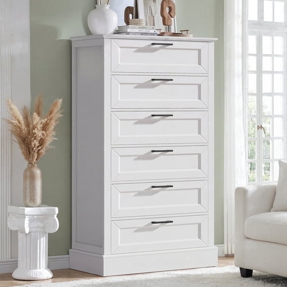 White 6 Drawers Modern Farmhouse Wood Dresser 55.3 Inch Tall Chest Of Drawers Storage Organizer For Bedroom Nursery And Living Room