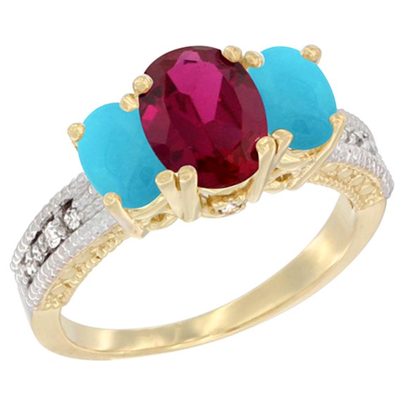 14K Yellow Gold Diamond HQ Ruby Ring Oval 3-stone with Turquoise, size 5.5
