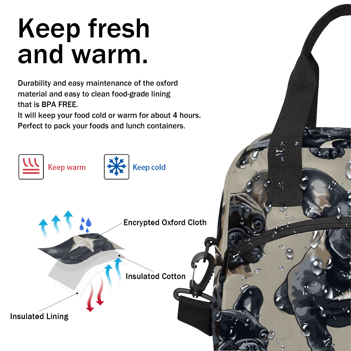 Herdesigns French Bulldog Insulated Lunch Bag for Women Men Adults Large Reusable Lunch Box Leakproof Portable Cooler Tote Bags with Adjustable Shoulder Strap