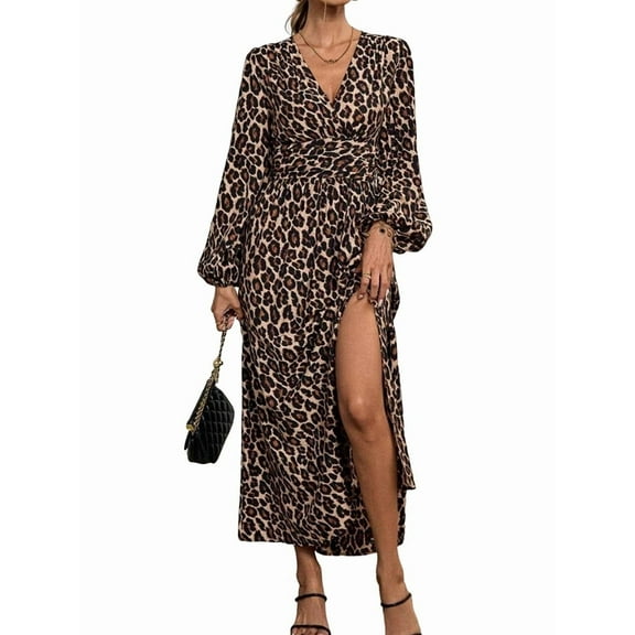 Women'S Spring Sleeve High Split Casual Loose V-Neck Waist A-Line Flowy Swing Maxi Length Dresses Leopard Print L