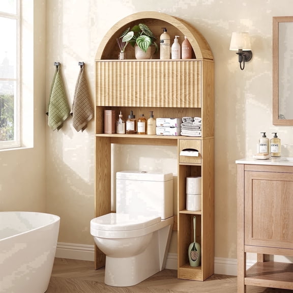 NVCODSA Arched Over The Toilet Storage Cabinet, Bathroom Space Saver Organizer above Toilet with Door, Natural