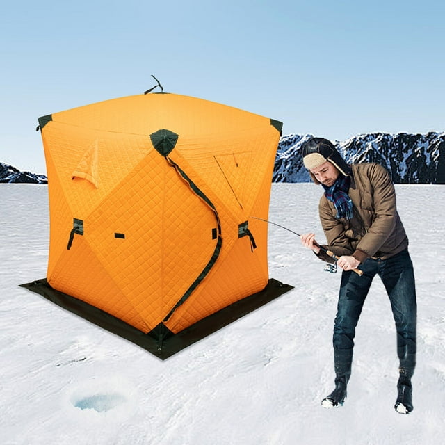 YUSAZENS Abri de Pêche sur Glace Portable, Design Épaissi Rétenteur de Chaleur, Abri de Pêche d'Hiver Durable et Résistant aux Intempéries, Tente de Pêche sur Glace Style Hub Portable pour 3 à 4 Personnes, Orange