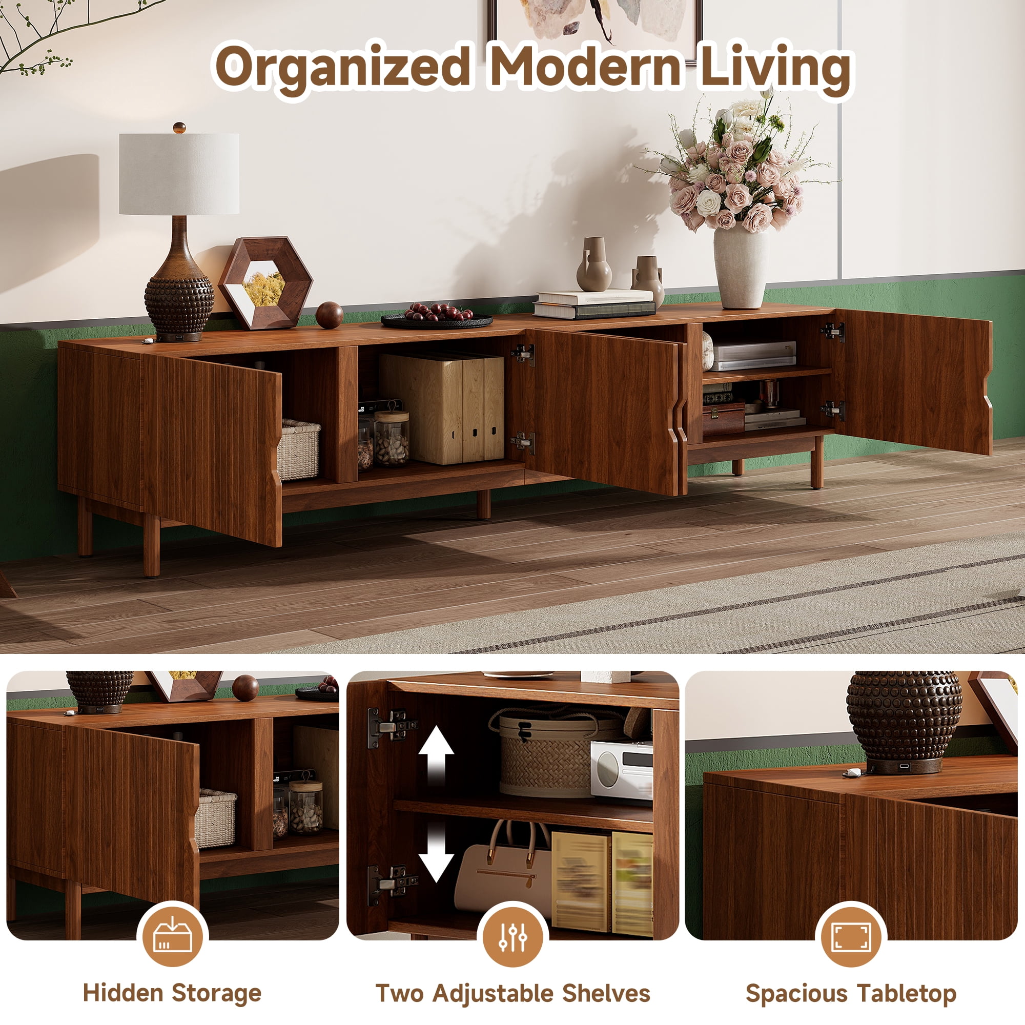 TV Stand for TVs up to 90 Inch, Entertainment Center with Vertical Groove Doors & 4 Cabinets, Media Console with Solid Wood Legs for Living Room