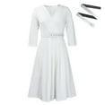 thumbnail image 5 of MORTTIC Women's Elegant Criss Cross V-Neck A-Line Dress with Waist Belt Ruched Hem Office Casual Chic White S, 5 of 10