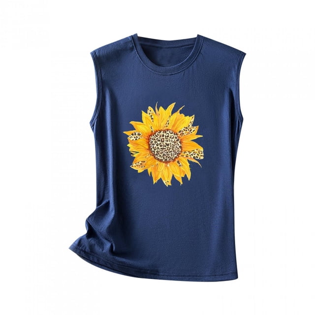 Hauts Grande Taille pour Femmes Imprimé Tournesol Sans Manches Débardeur Été & Printemps Col Rond Décontracté Ample Tee-Shirts Confortables