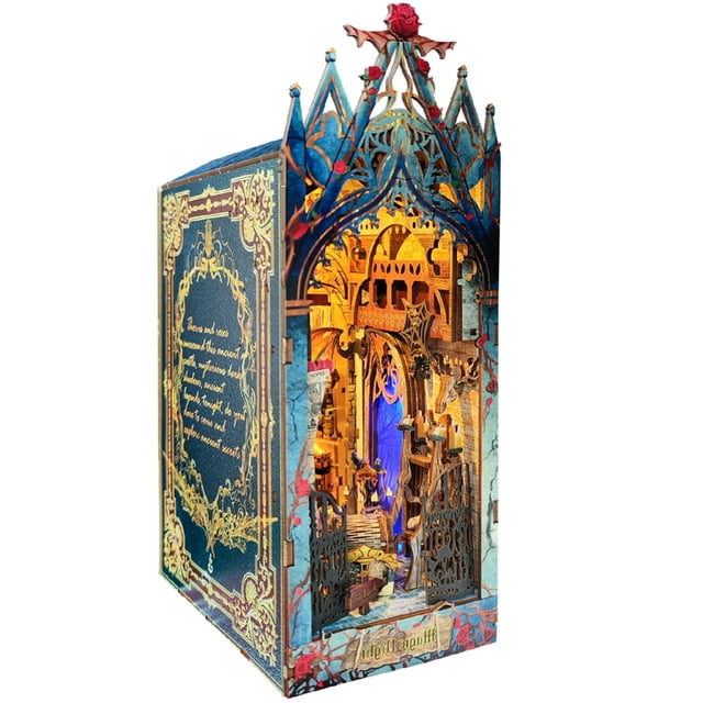 DIY Book Nook Kit 3D Wooden Puzzle Bookshelf Insert Decor with Sensor Light DIY Miniature Dollhouse Model Kit Creative Educational Bookshelf Insert Bookend Building Kits for Kids Adults