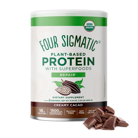 Four Sigmatic Organic Plant-Based Protein Powder Creamy Cacao Protein with Lions Mane, Chaga, Cordyceps and More | Clean Vegan Protein Elevated for Brain Function and Immune Support | 21.16 oz