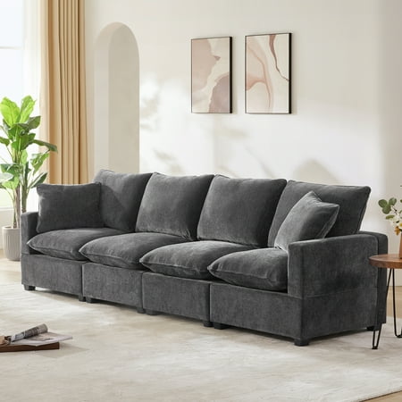 Roomfitters 110 x 29" Modern Modular Sofa, 4-Seat Chenille Sectional Couch Set with 2 Pillows for Living Room, Apartment, or Office, Black + Grey