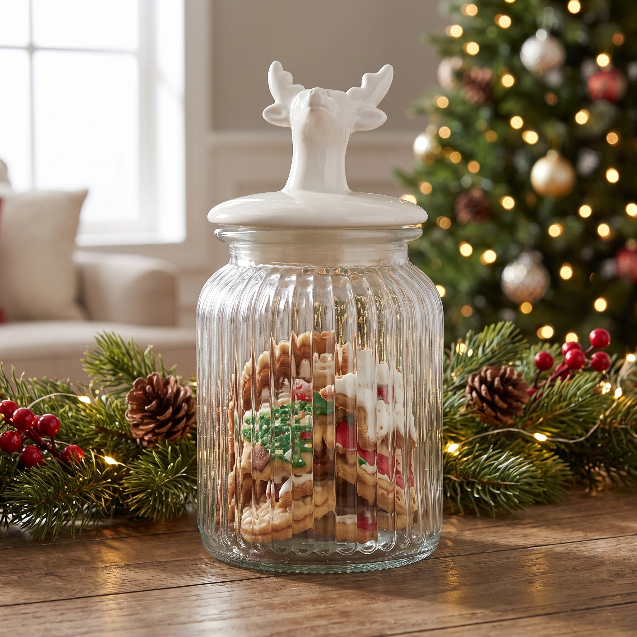 Glass Jar with Ceramic Deer Head Lid Christmas Decoration, Clear and White, 8.8", by Holiday Time