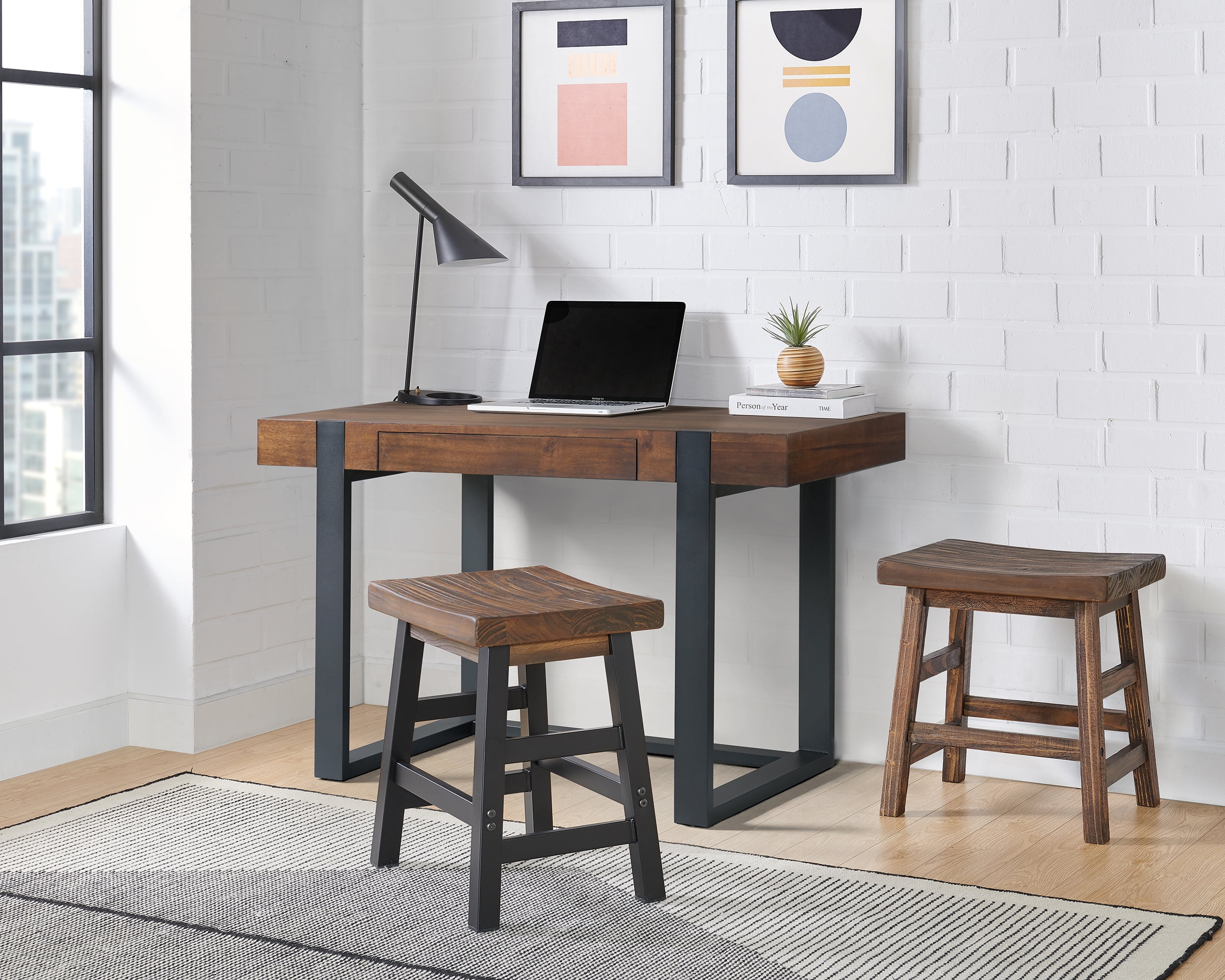 Pomona Rustic Industrial Barstool – 20” Backless Counter Stool with Solid Pine Wood Seat and Black Metal Legs – Farmhouse Seating for Dining Room, Kitchen, or Office
