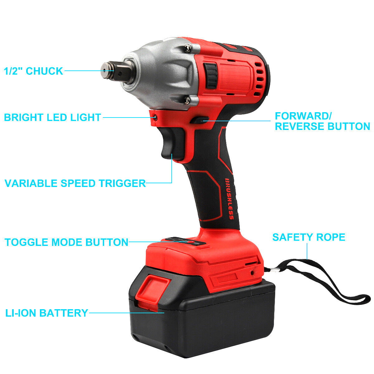 Audessy Cordless Impact Wrench 1/2" 550Nm High Torque Brushless Driver with Battery 20V