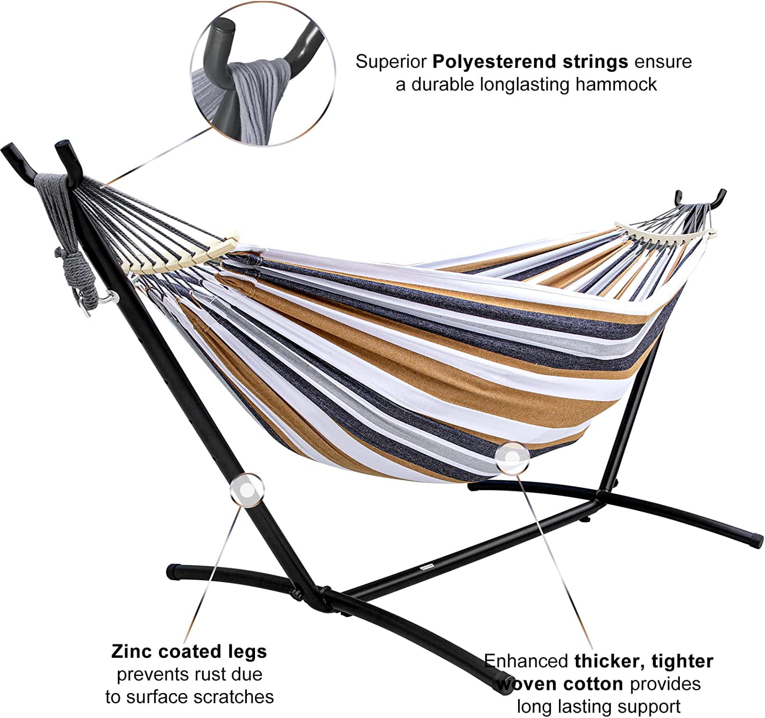 Springg Double Hammock with Stand Included 450lb Capacity Steel Stand, Premium Carry Bag Included and Two Anti Roll Balance Beam, Portable Hammock with Stand for Backyard, Camping,Garden Brown Stripe