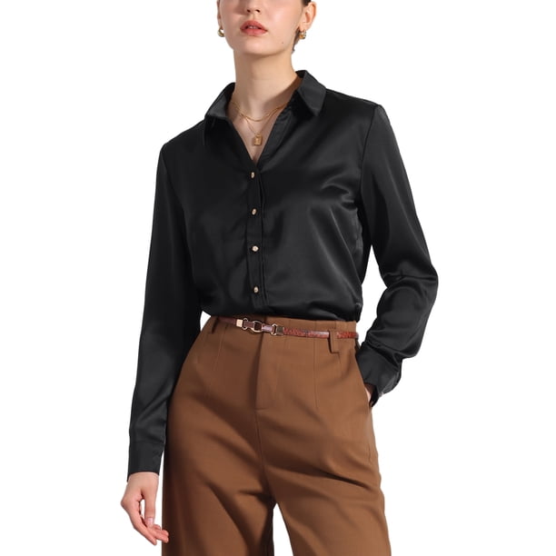 CAMISA DE OFICINA CHIC PARA MUJERES INSPIRADA EN V CON BOTONES DE MANGA LARGA BLUSA DE CHIFFON TALLA XL NEGRA