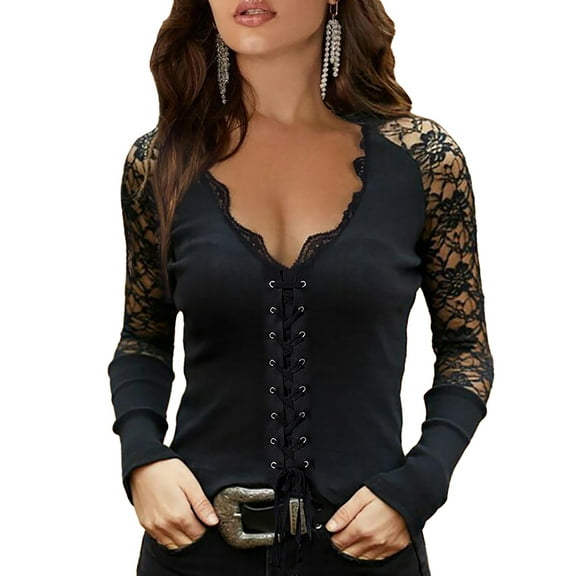 Skksst Womens Long Sleeve V Neck Blouse Casual Lace Up T Shirt Tops