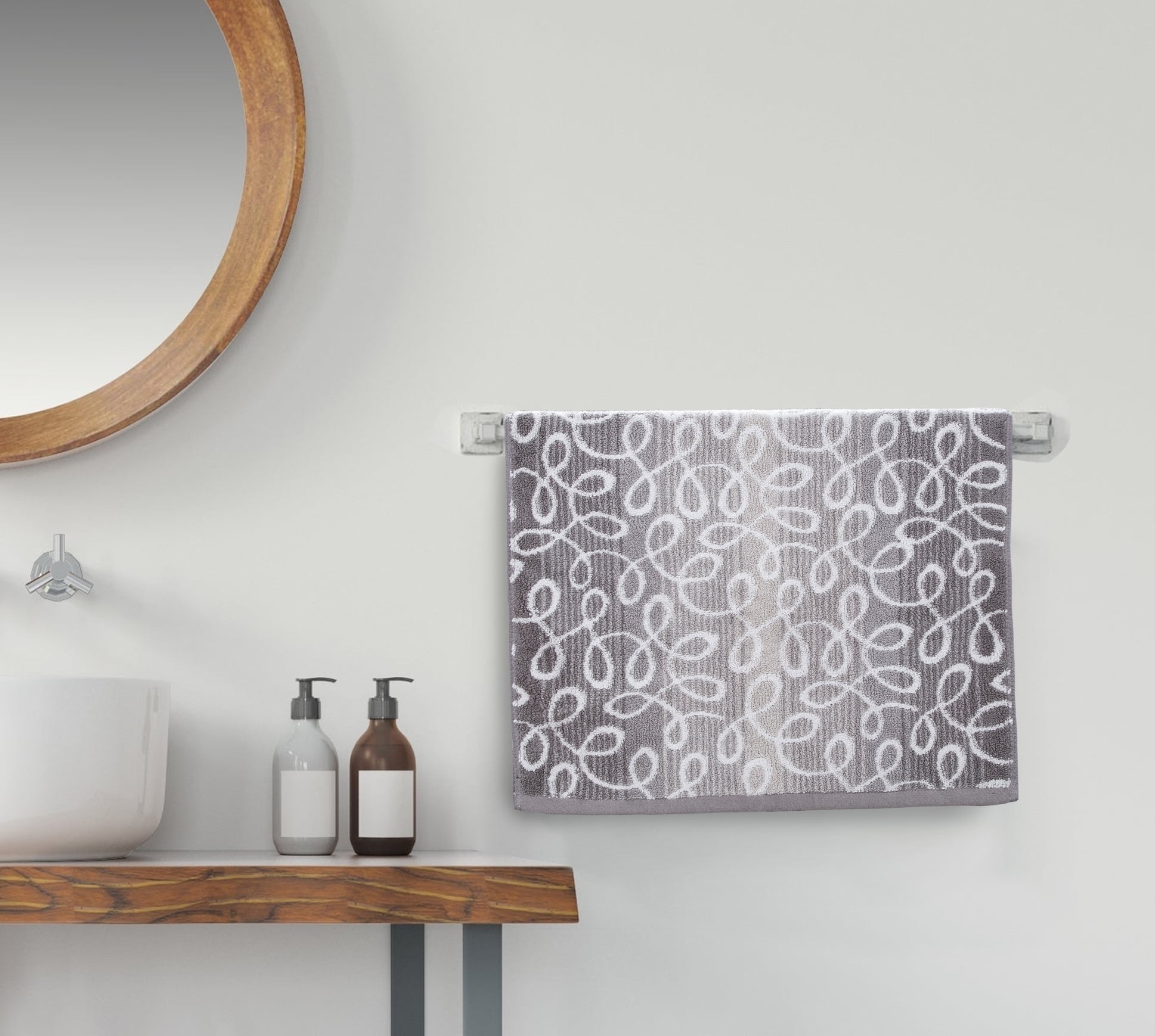 Violet Linen Scroll Pattern, 100% Terry Plush 600 GSM Cotton Super Soft Highly Absorbent Jacquard Fashion Towel for Bathroom, Premium Hotel & Spa Quality, Gray, 20 Inch X 30 Inch, Hand Towels