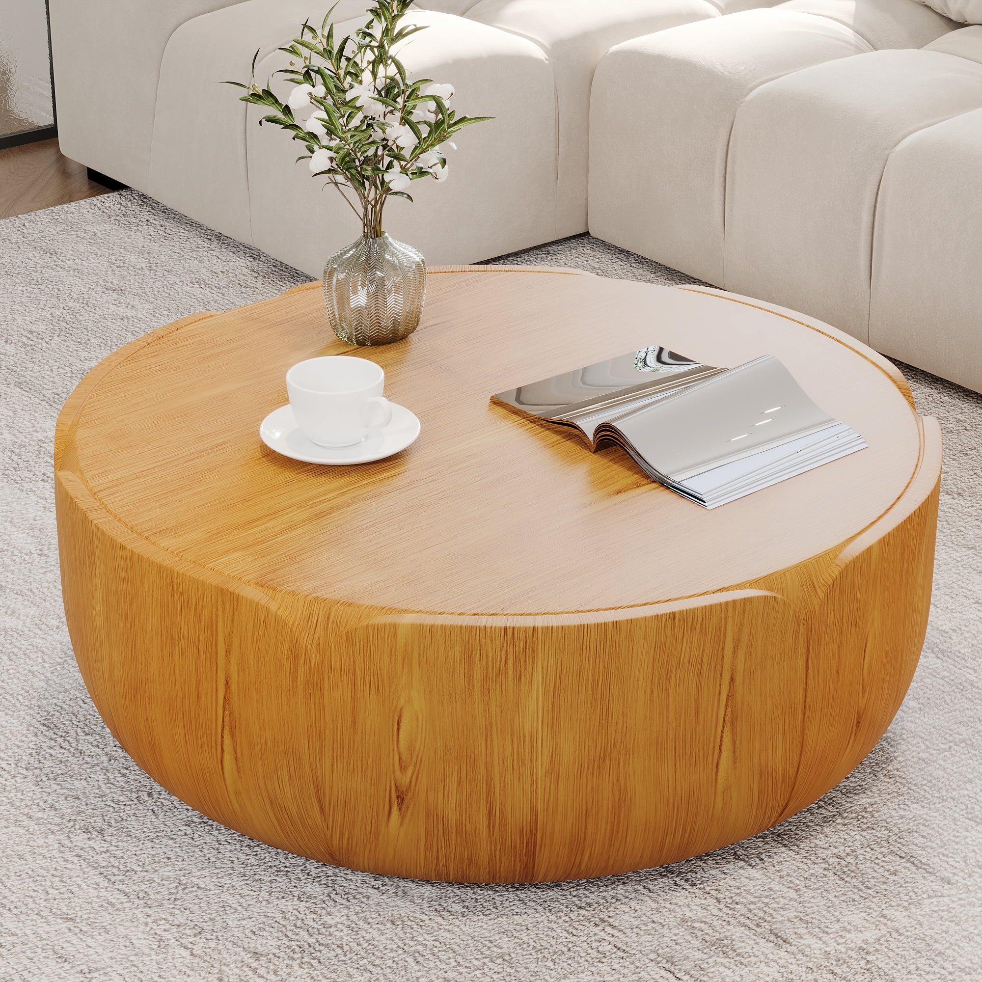 Round Outdoor Center Coffee Table, Drum Shaped Wood Grain Leisure Table for Patio Living Space, Natural