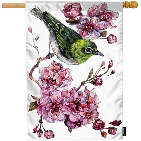 Bird House Flag Nature Plants Eye Birds On Tree Branch Pink Sakura Flower Garden Flags Double-Sided Banner Welcome Yard Flag Home Outdoor Decor 12x18