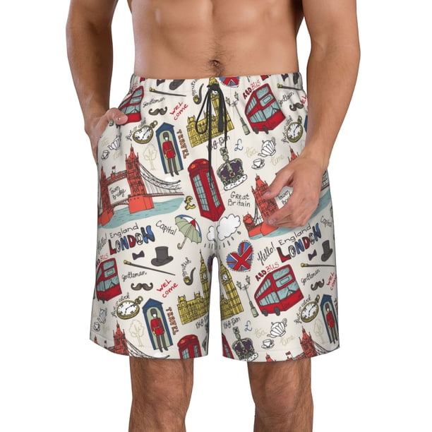 Balery London Landmark1 Traje de Baño Estilo Hawaiano para Hombre, Shorts de Secado Rápido con Bolsillos-X-Large