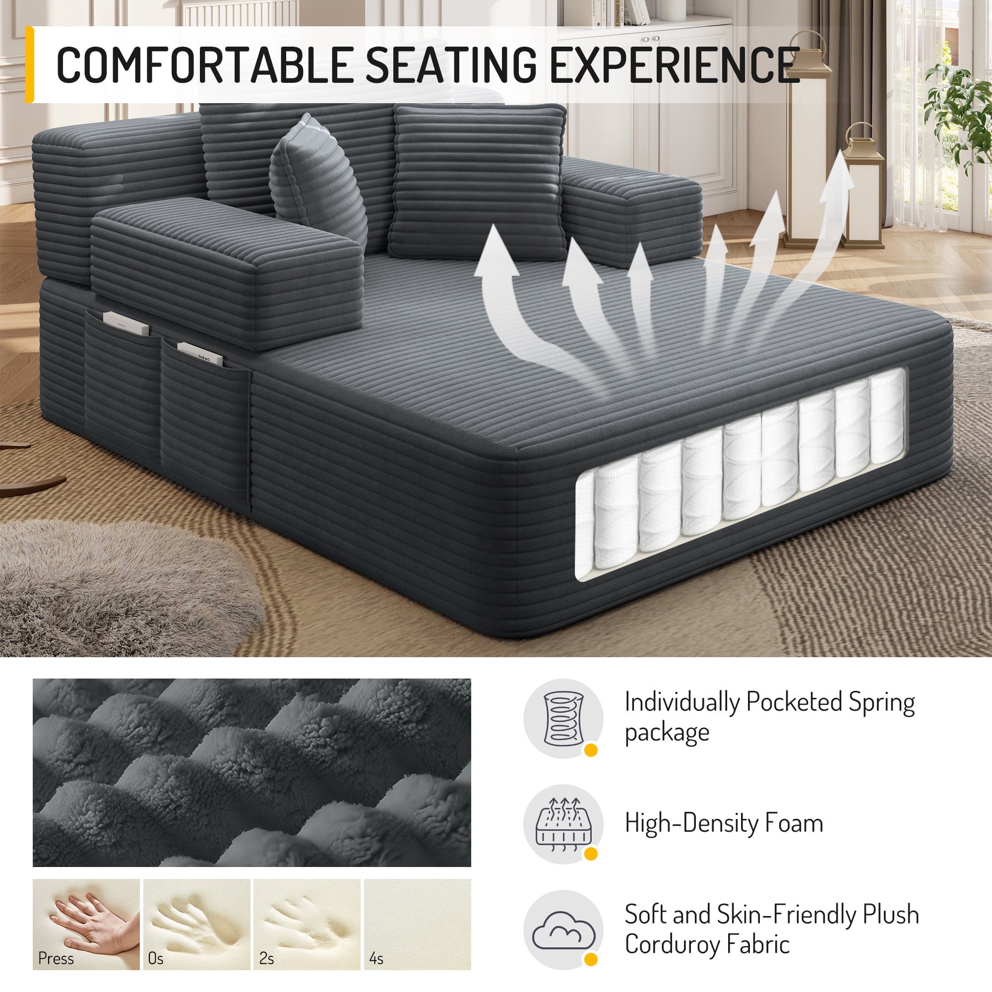 Aukfa Chaise Lounge Chair Indoor, Oversized Corduroy Boneless Sleeper Sofa Bed with Storage Pockets, Adjustable Backrest&3 Pillows, Reading Couch for Living Room Apartment, Dark Gray