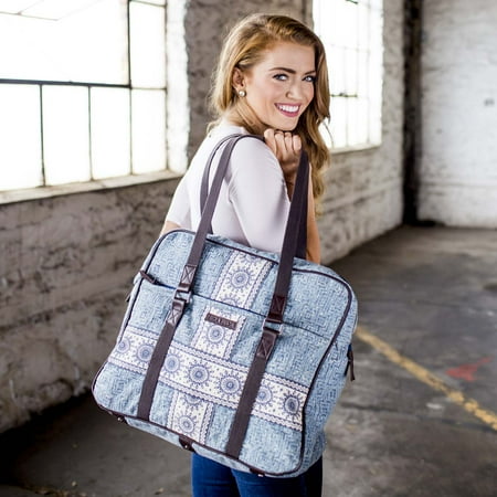 Cotton Denim Tote - Denim Blue Bohemian Handbags Kendall Wanderlust Tote Cotton Distressed Appearance Pewter Hardware Canvas Floral / Flower Tote