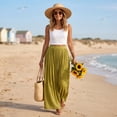 thumbnail image 4 of Women's Cotton Linen Swing Long Skirt Elastic Waist Flowing Maxi Crinkled Skirt Retro Casual Layered Pleated Flowy Long Maxi Skirts With Belt Yellow XL, 4 of 5
