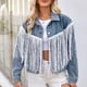 thumbnail image 1 of Chaqueta vaquera de manga larga sin capucha y abrigos de mezclilla de moda para mujer con solapa de color y mangas más delgadas, 1 of 9