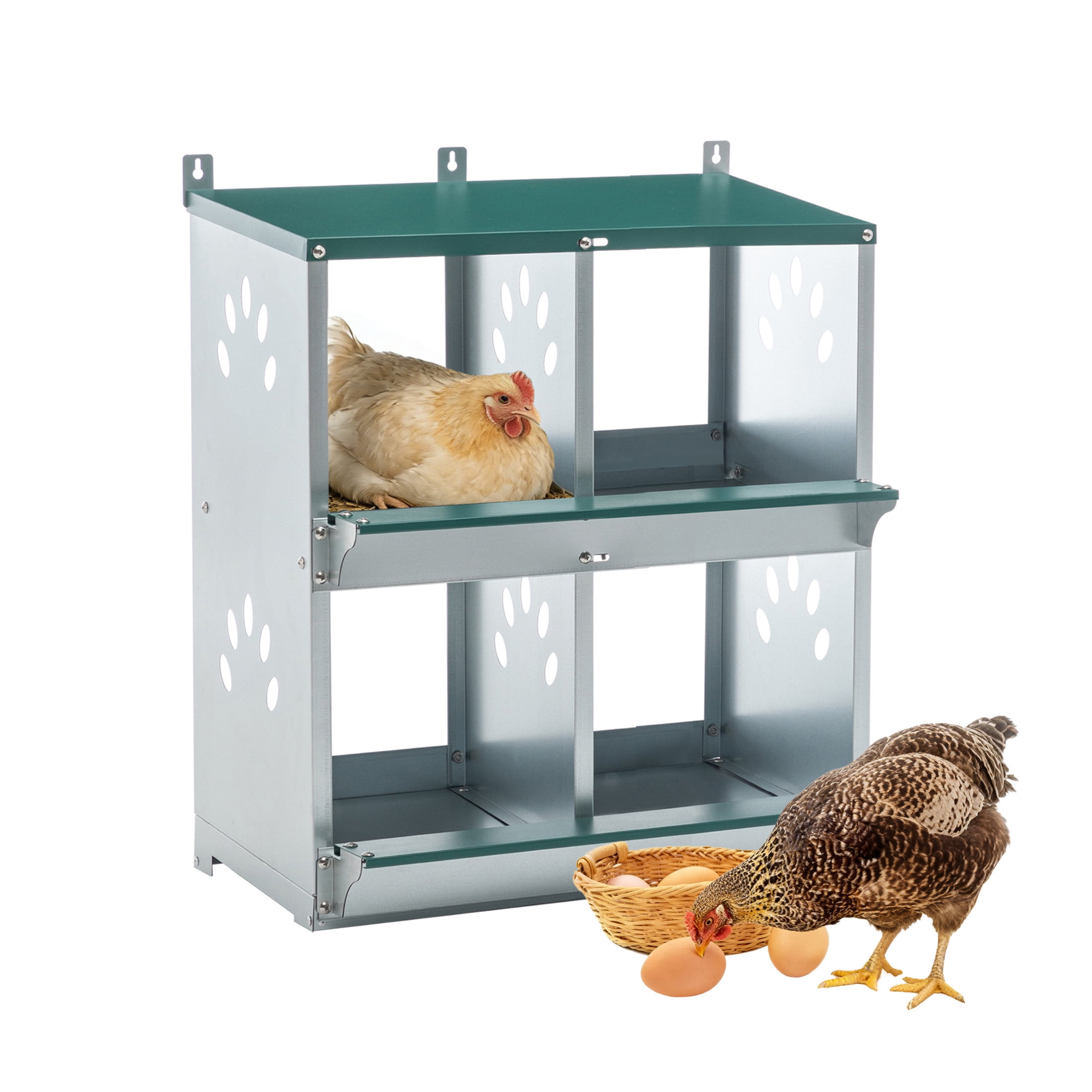 Noble House 4-Hole Steel Chicken Nesting Box with Sloped Roof and Egg Collection Incline, for Hens, Ducks, Green