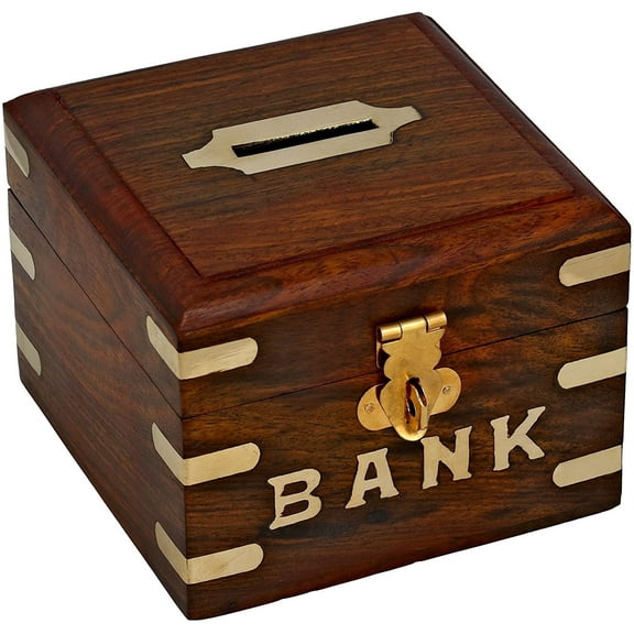 Ajuny Unique Handmade Premium Wooden Brown Piggy Bank Safe Money Box Perfect for Home Décor & Memorable Gifting for Child & Adults 4x4x3 inch